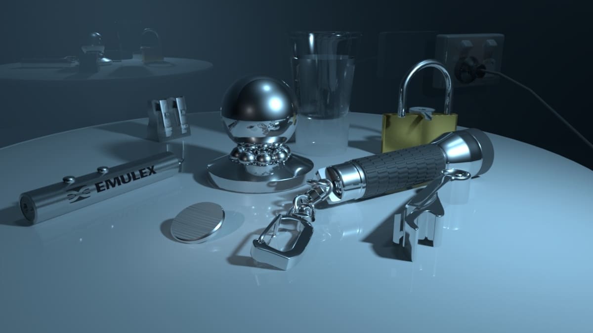 Various hard-surface objects rendered in Maya