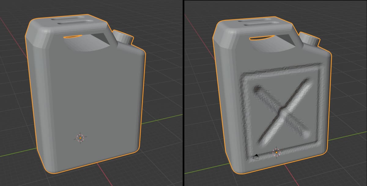 A gas can model, before and after adding detail with the dyntopo option