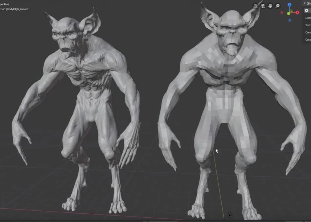 A sculpted model (on the left) and the re-topologized version (on the right)