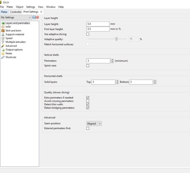 The print settings menu