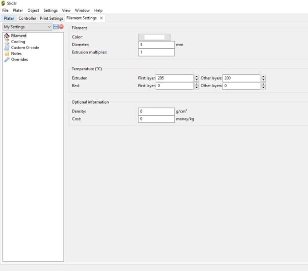 The filament settings menu
