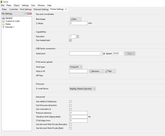 The printer settings menu