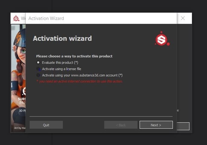 The license activation screen