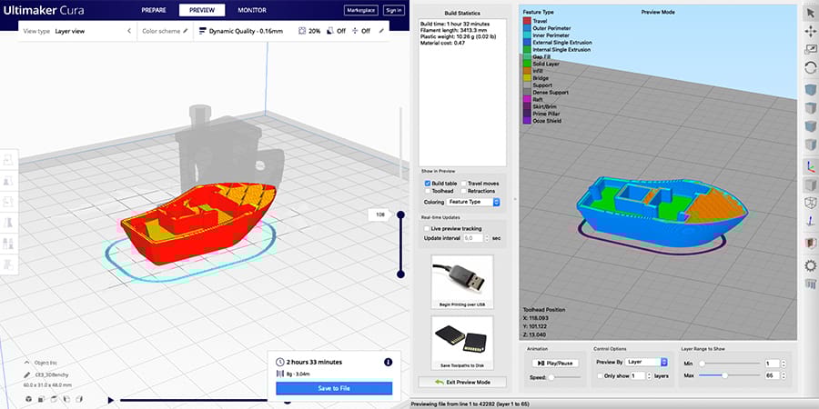Preview Environment for Cura (left) and Simplify3D (right)