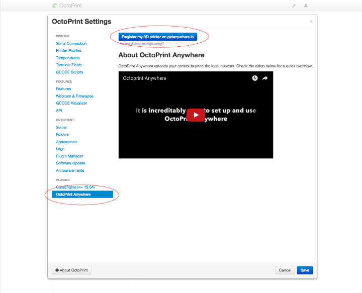The settings tab in OctoPrint