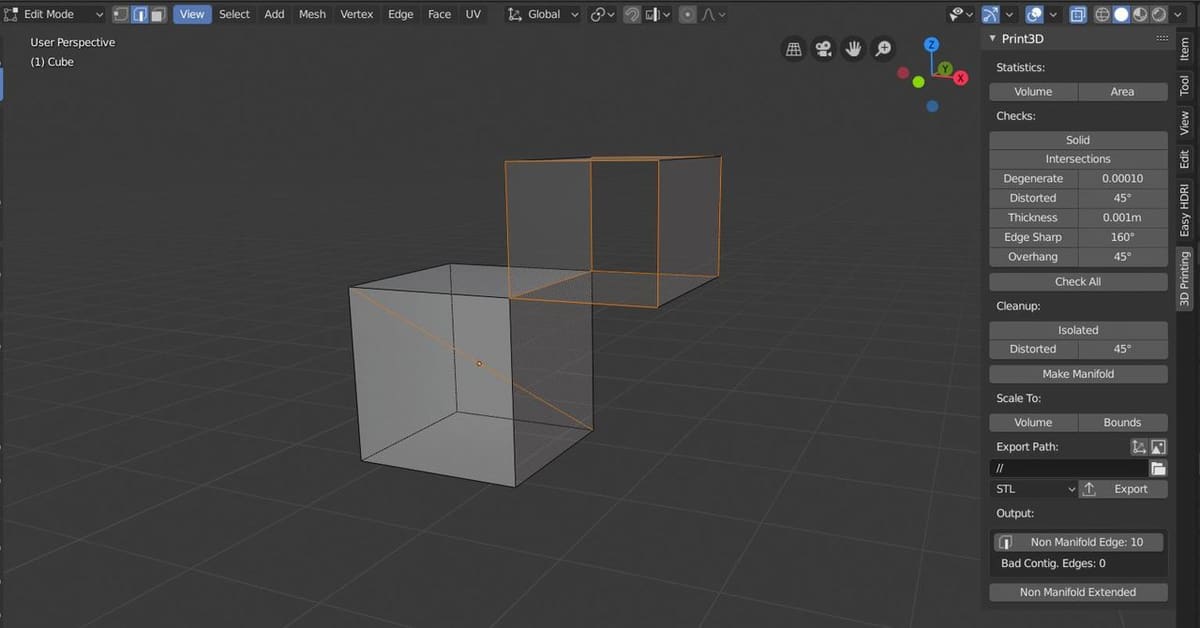 Some non-manifold edges highlighted in Blender