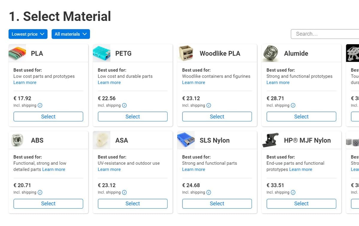 Craftcloud's material selection