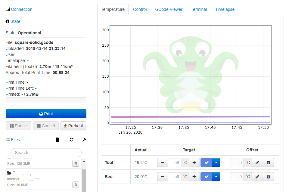 A typical OctoPrint display