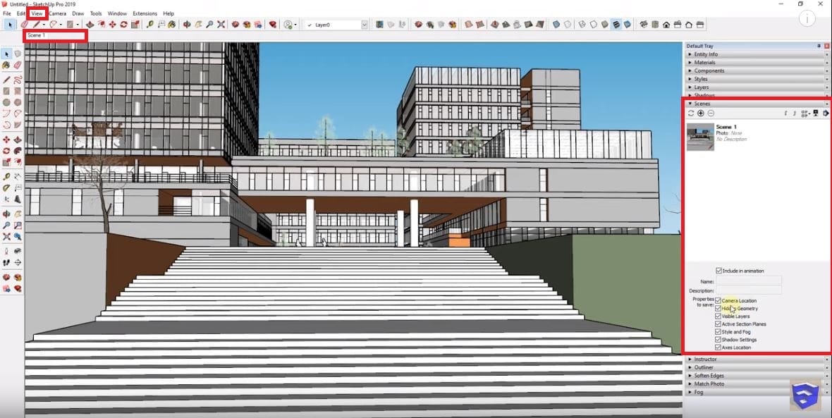 The view toolbar, the scene tabs, and the Scene Tray