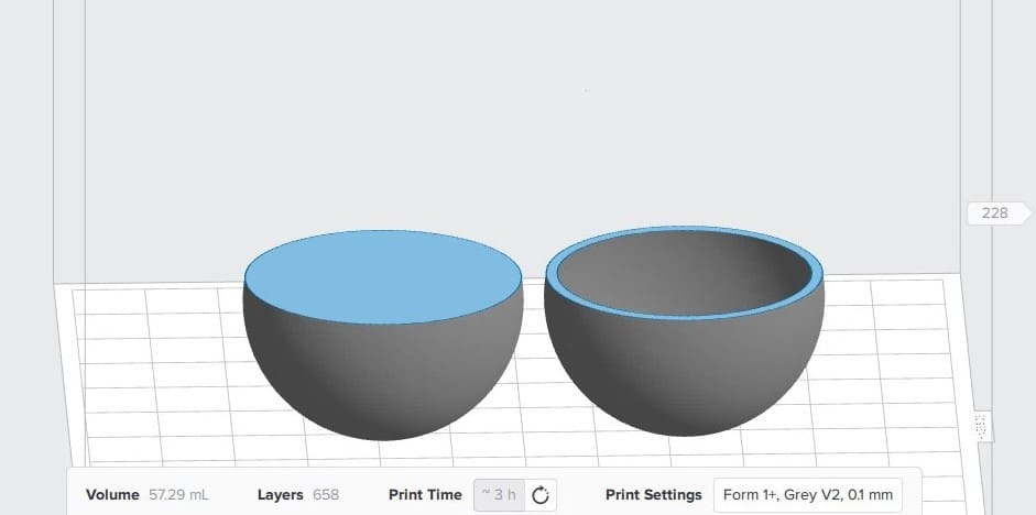 A hollowed model (right) prints faster than a solid model (left) for SLA
