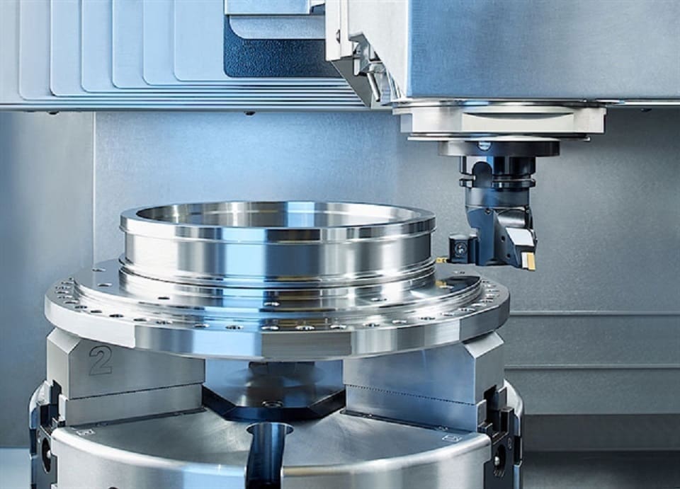 This is how a large piece is machined on a vertical CNC lathe