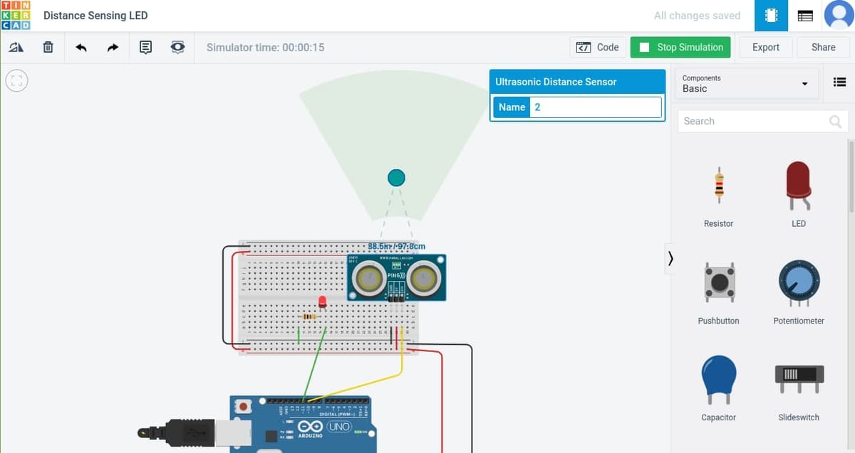 The interface simulates what an ultrasonic sensor reading