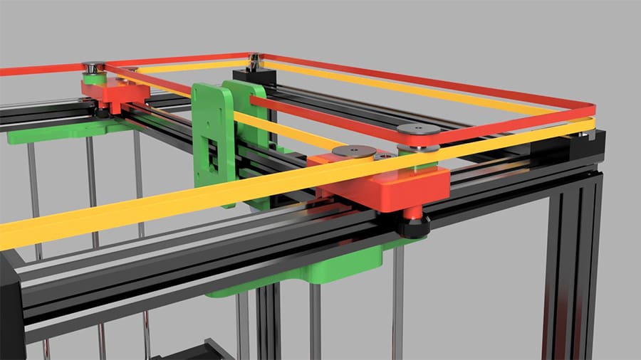 CoreXY printers make use of a rather complicated timing belt assembly for lateral movement