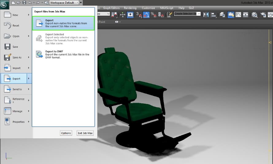The export options in 3ds Max