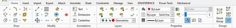 Ribbon tabs displaying groups of tools