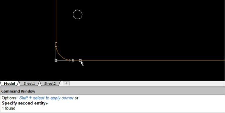 Selecting the second edge will fillet the corner