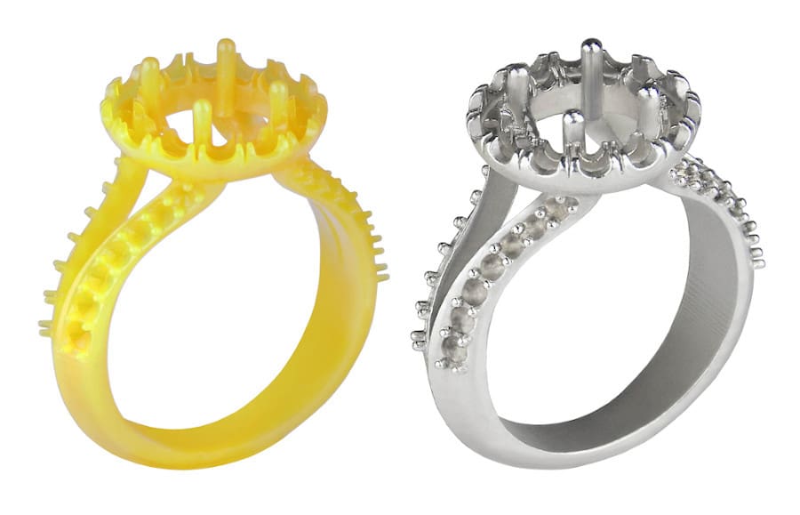A resin ring (left) and the metal ring made from the cast (right)