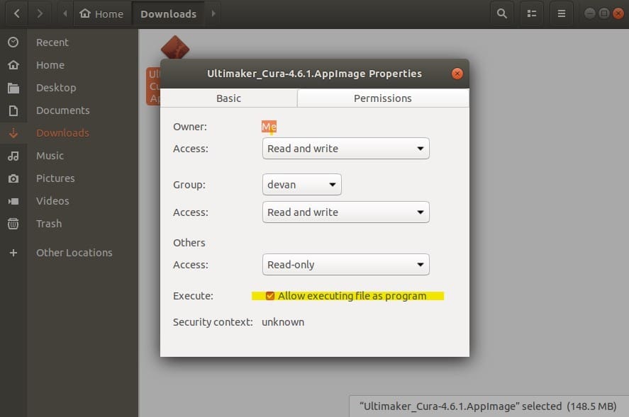 The permissions tab, located in the properties menu