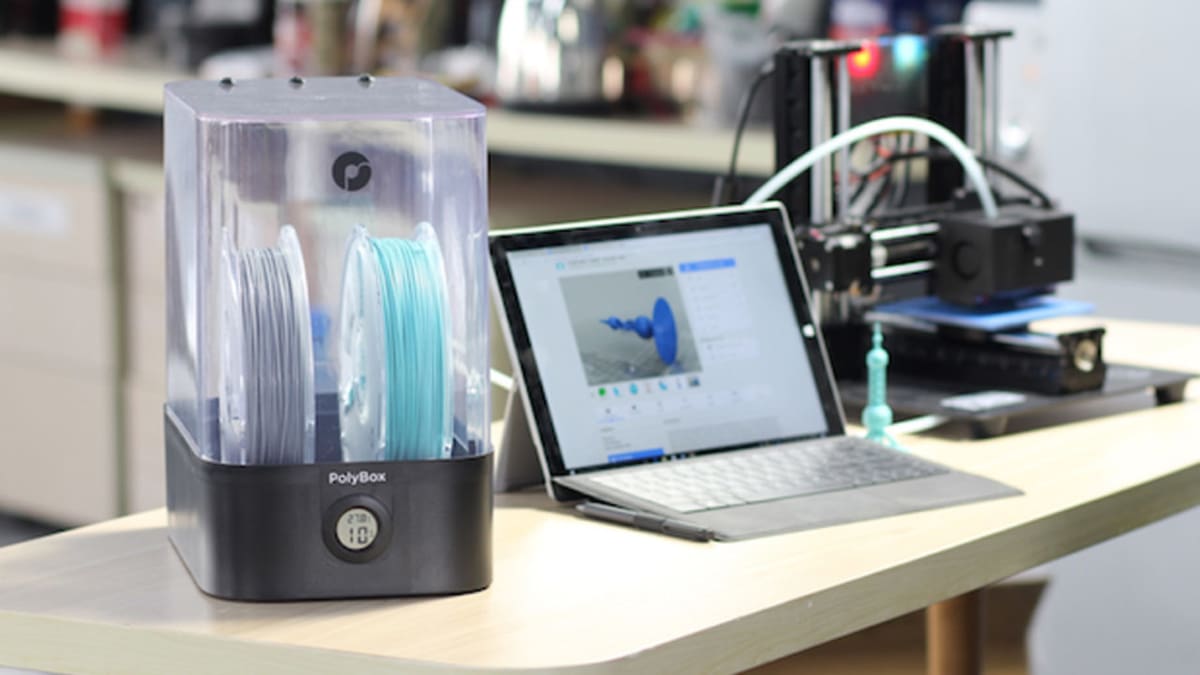 The Polybox spool holder, which keeps your filament dust- and moisture-free