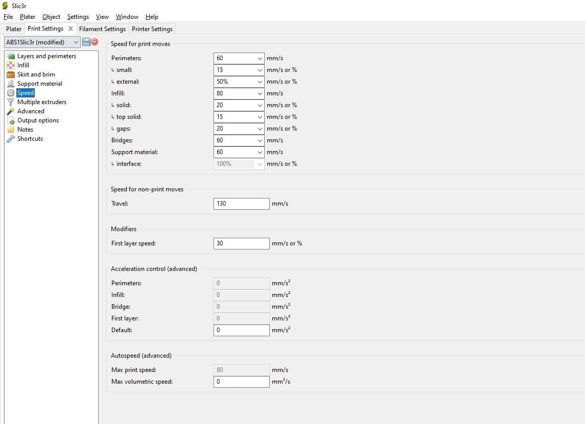 The speed settings in Slic3r are extensive
