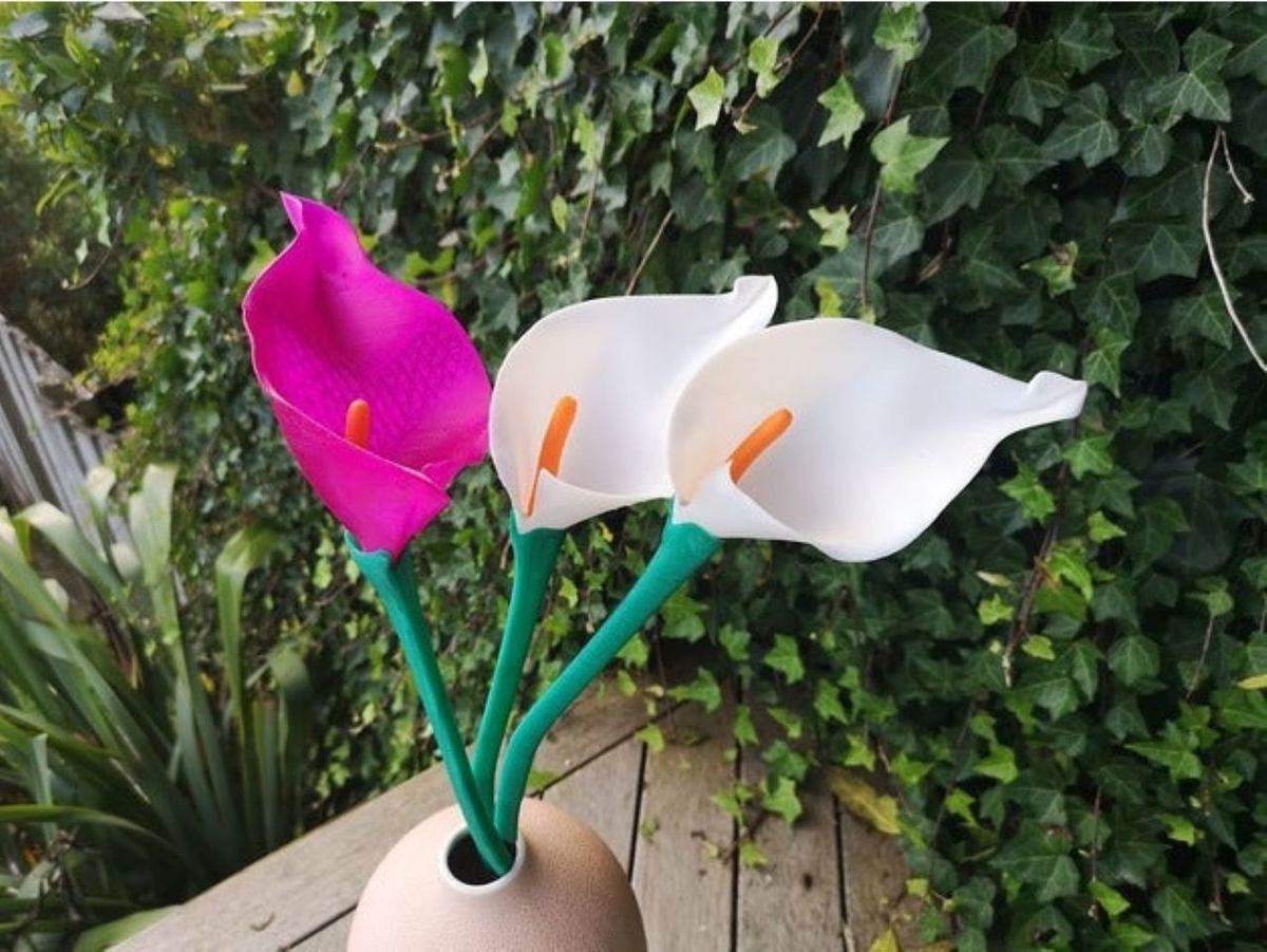 A beautiful patio display of realistic calla lilies