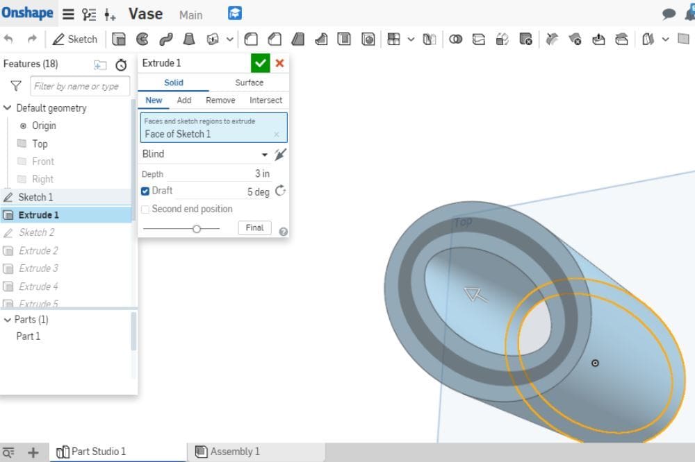 The extrude feature turns 2D sketches into 3D objects