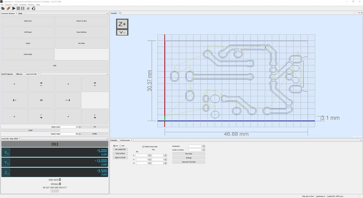 The main interface of Universal GCode Sender with a project loaded and ready to be cut