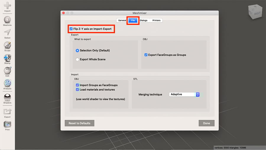 Meshmixer allows users to export models with the same XYZ orientation as 3D slicers