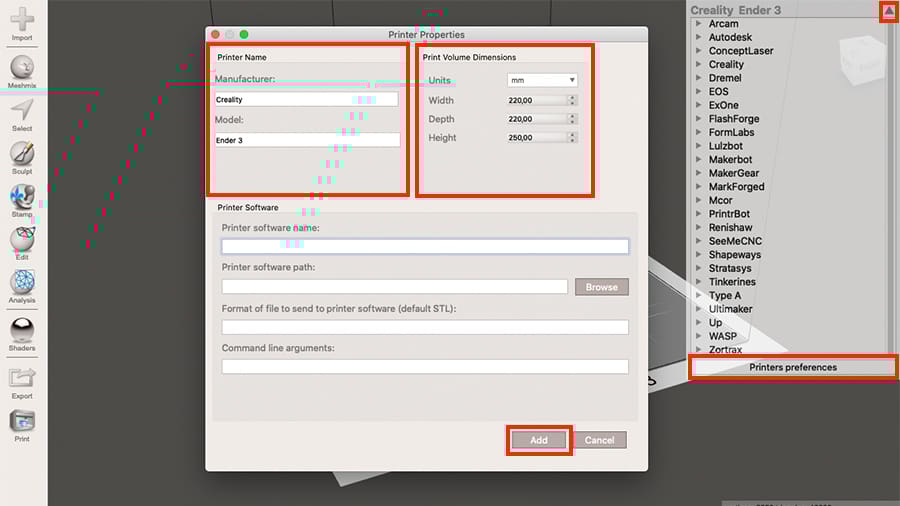 Meshmixer maintains a list of common 3D printers but you can also manually enter the dimensions of your printer's build space