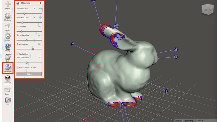 The Thickness tool checks the model for areas with thinner shells