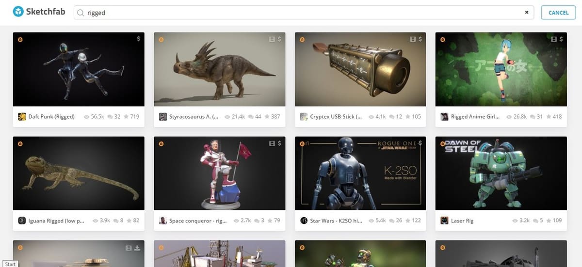 Sketchfab has a simple search interface, despite having many different rigged models