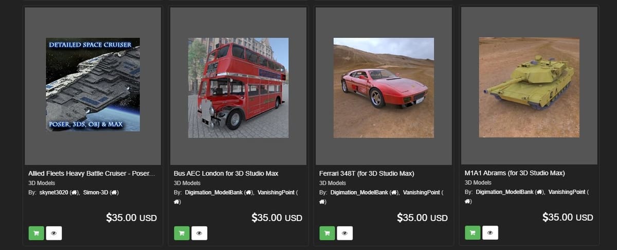 Pricing and pictures are clearly displayed on Renderosity for easy searching