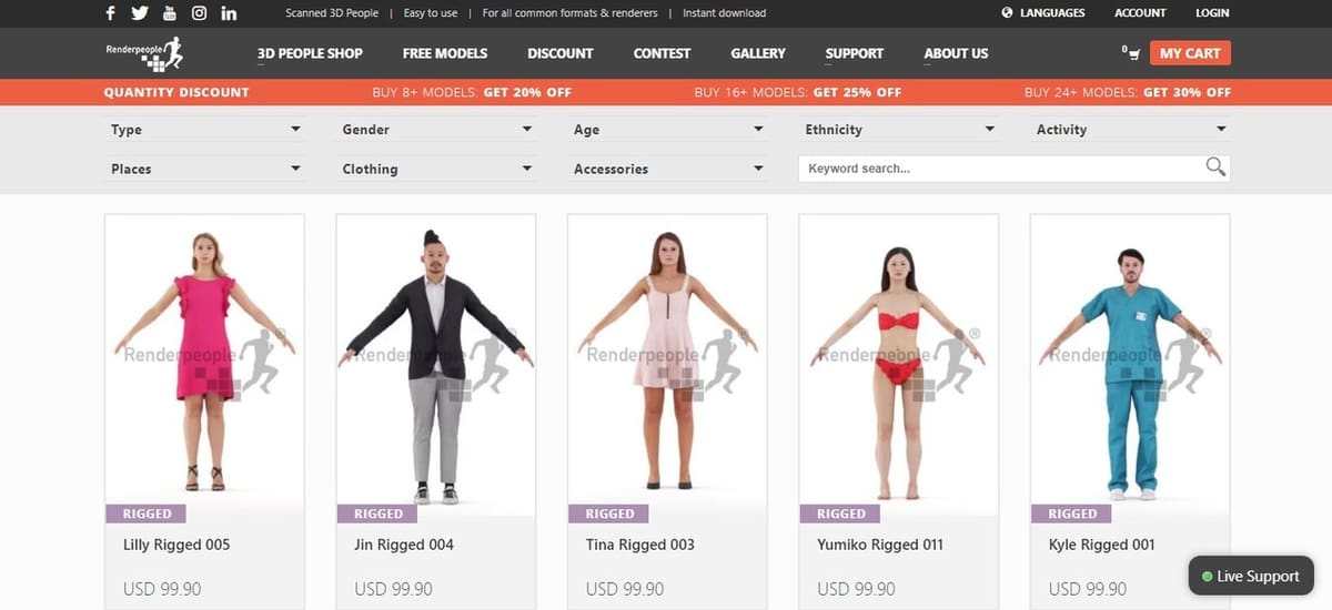If you're looking for rigged people, Renderpeople does that and only that!