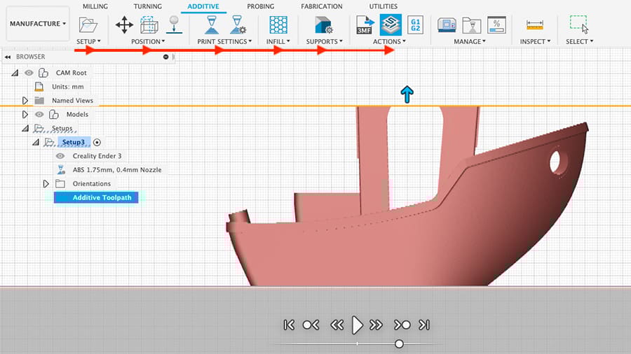 The slicer feature UI guides the user step-by-step to prepare the model for 3D printing