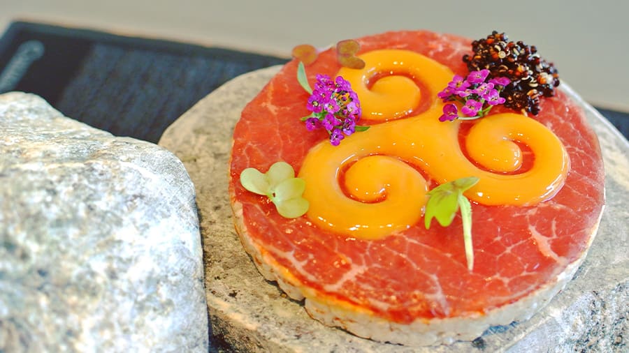 3D printed food is usually done in fine dining, like this egg on carpaccio by chef Charles Tejedor