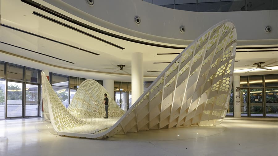 The Time Capsule was built from over 3,000 3D printed panels supported by lightweight wood structures