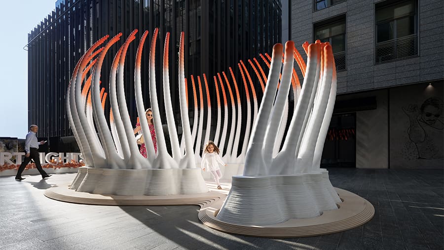 The Deciduous pavilion used two different 3D printing materials: concrete and PETG