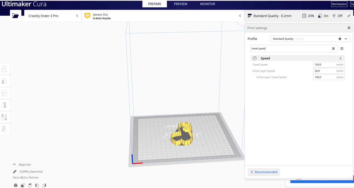 The travel speed can easily be adjusted in Cura