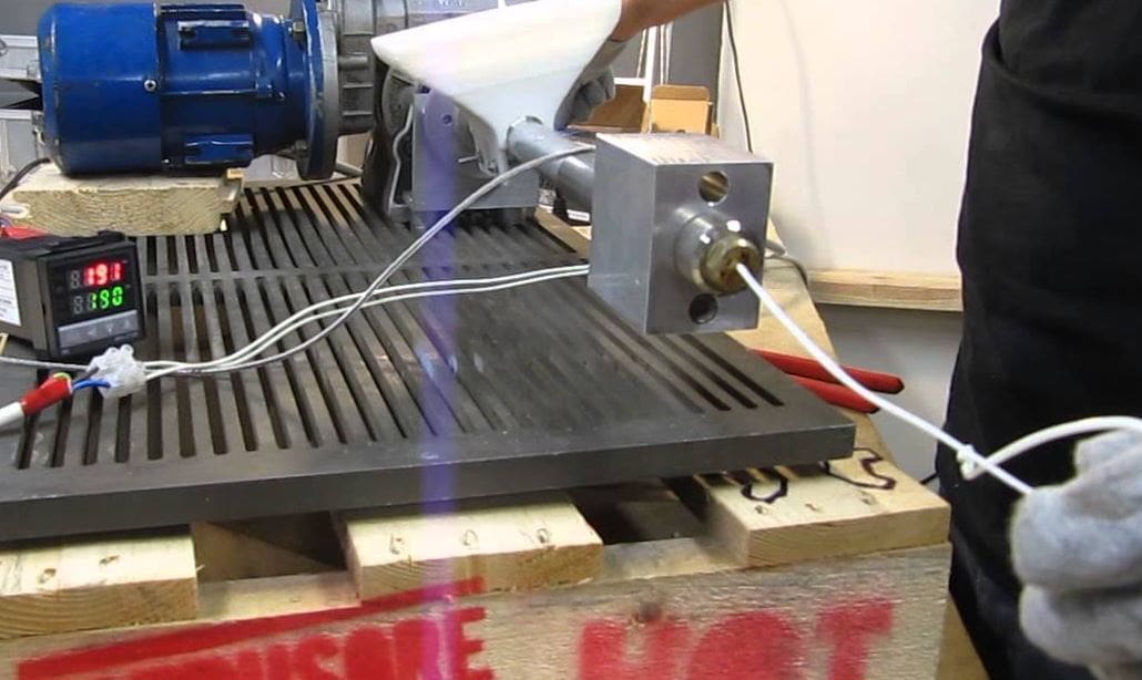 Pellets are then melted down and extruded into filament