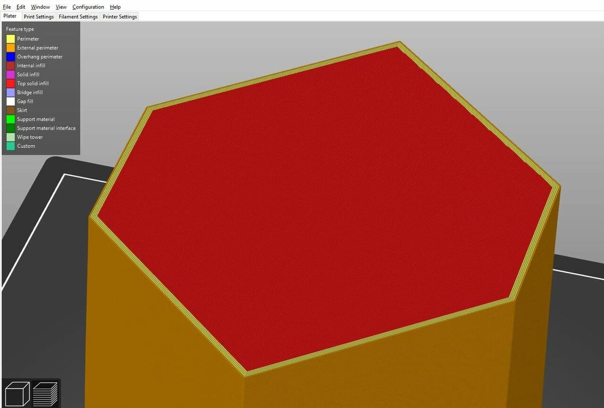 The orange area shows the shells and the red area is the infill