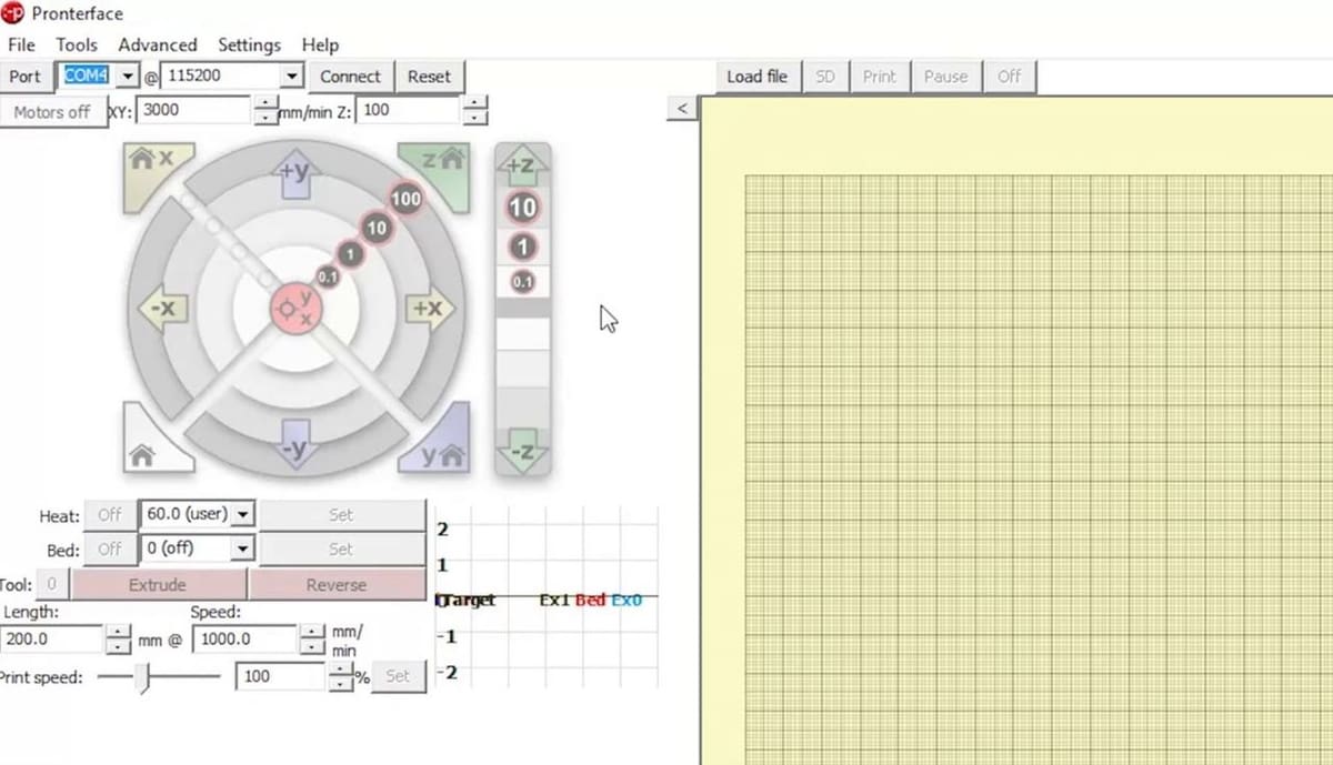 Pronterface allows you to control your printer's movement and set temperatures