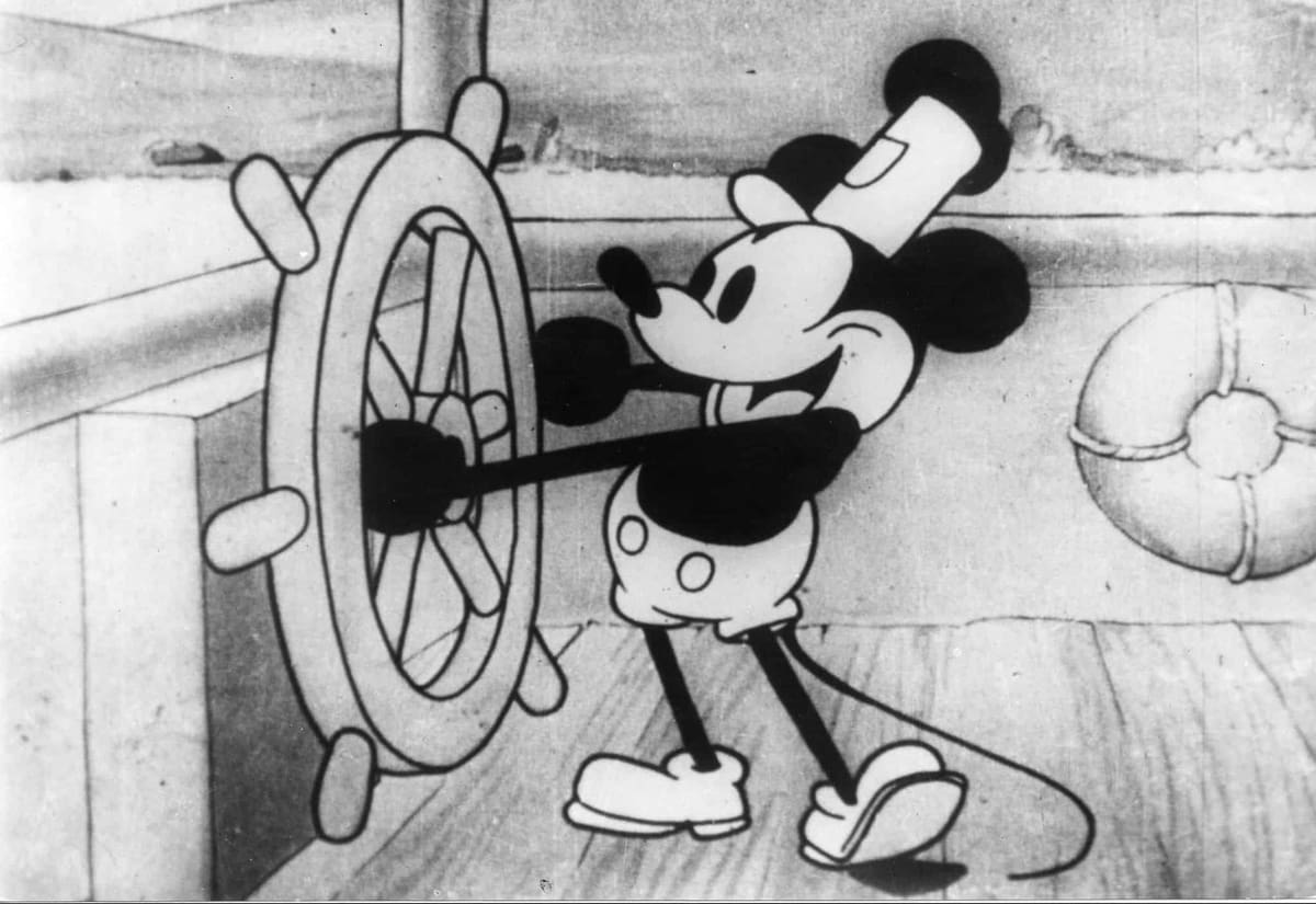 Mickey Mouse whistles his merry tune in 1928, oblivious to his future of fame and fortune