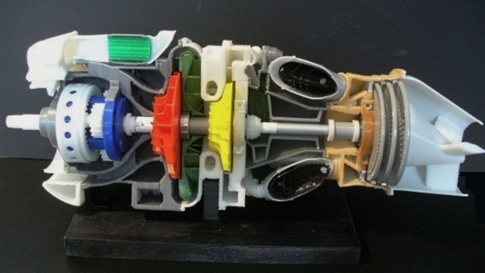 This model shows how a turboprop jet engine functions, along with a bit of its complexity
