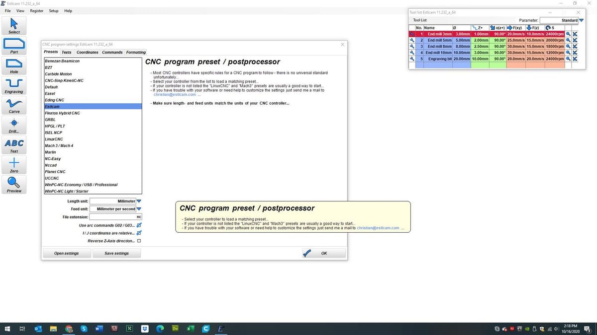 CNC Programs Setup Window