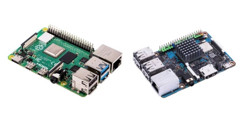 The Raspberry Pi 4 (left) meets the Asus Tinker Board (right)