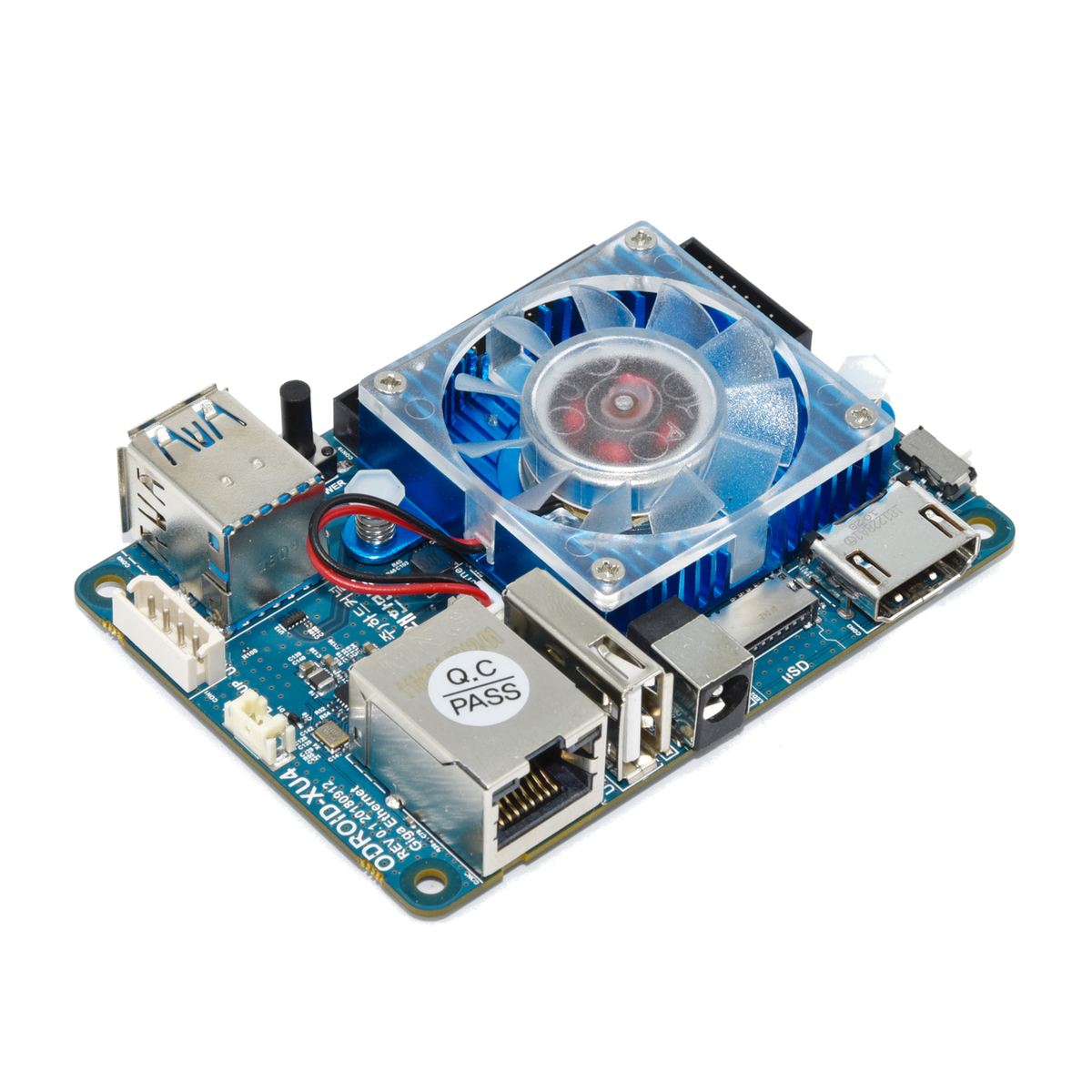 This Odroid-XU4 has the optional stock fan and heat sink