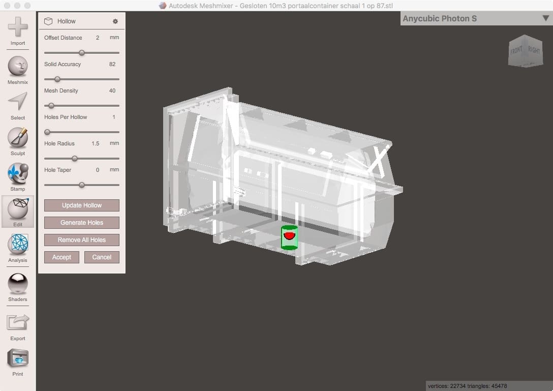 Users looking to hollow their parts will need a 3rd party software such as Meshmixer