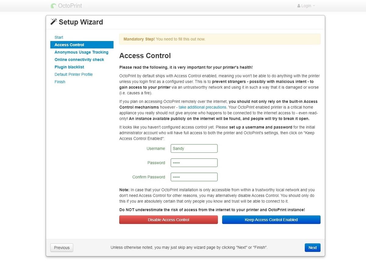 The Octoprint Setup Wizard