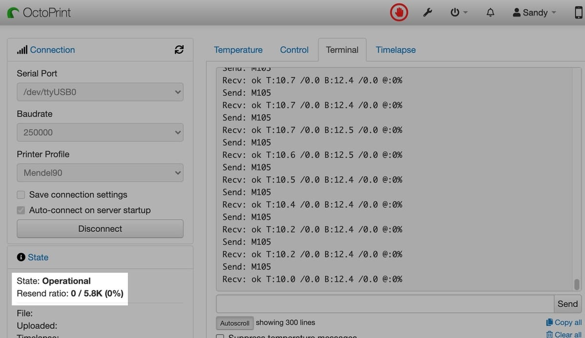 OctoPrint's connection data
