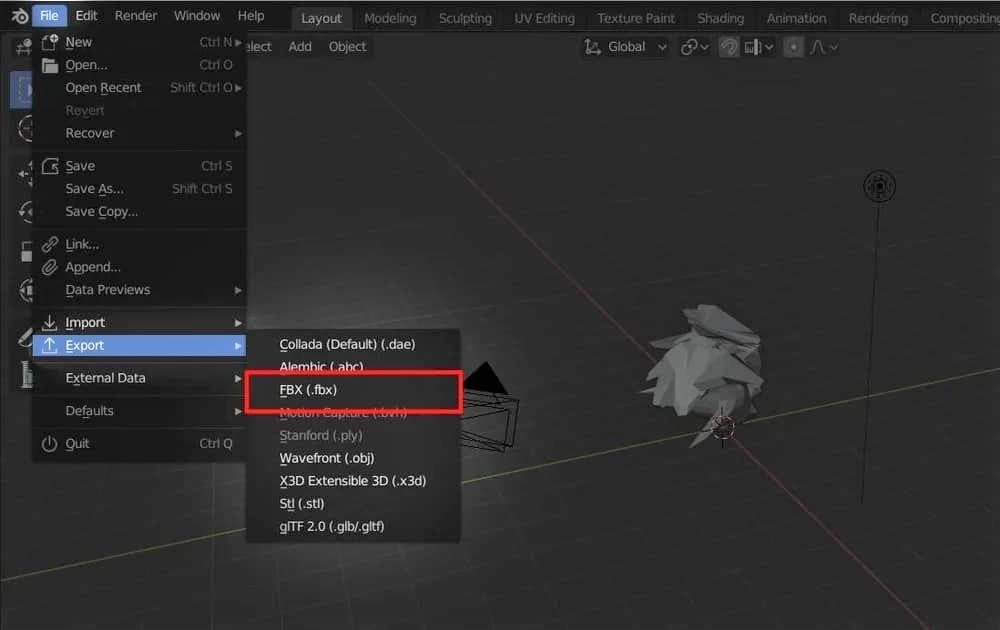 The FBX format in the Export menu